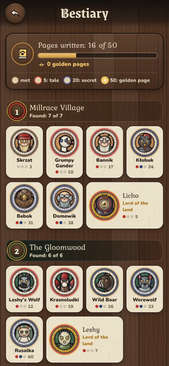 Screenshot: the bestiary with creature cards.