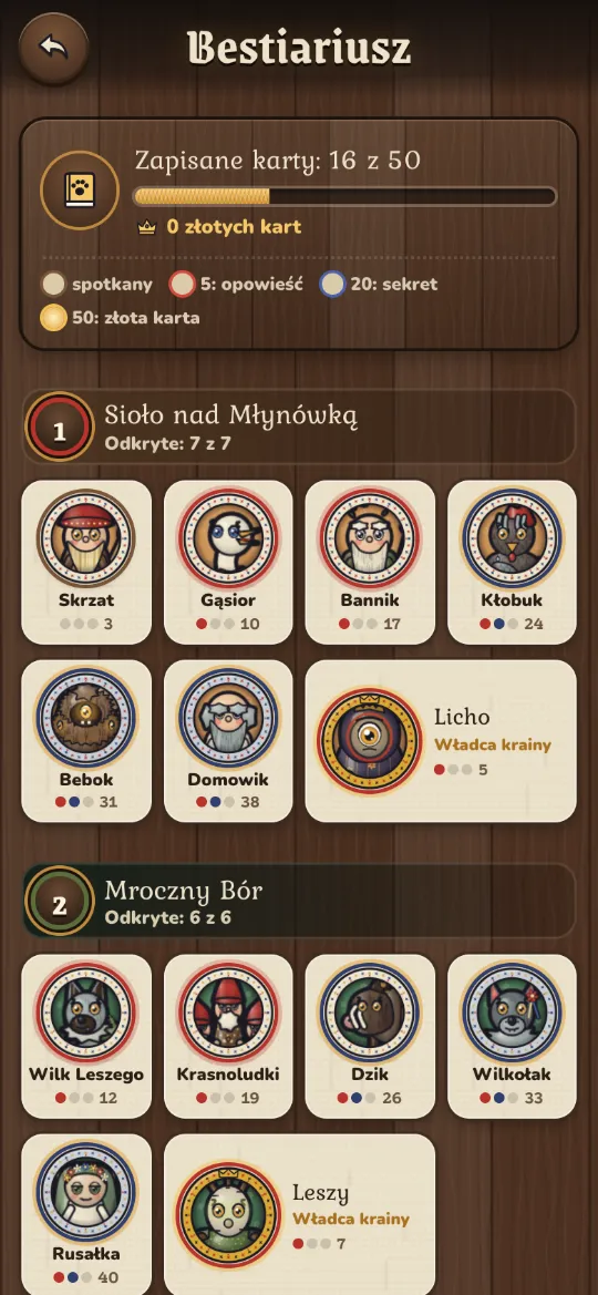 Zrzut ekranu: bestiariusz z kartami stworów.