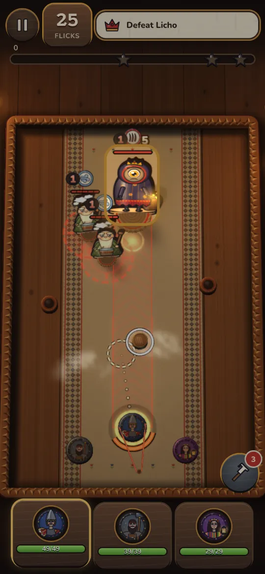 Screenshot of a battle: wooden hero tokens, creatures on the table and the aim guide.